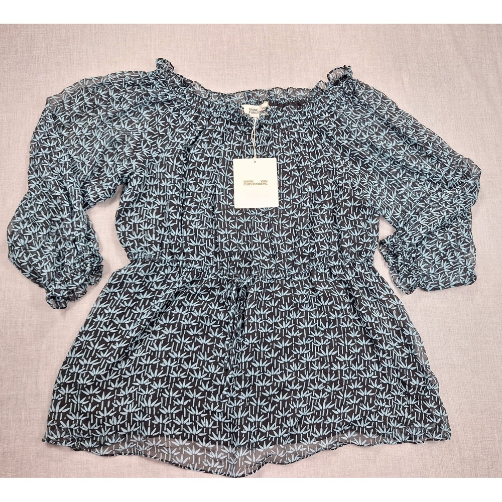 Diane von Furstenberg DVF Silk Smocked Off Shoulder Blouse Black Blue Size 14